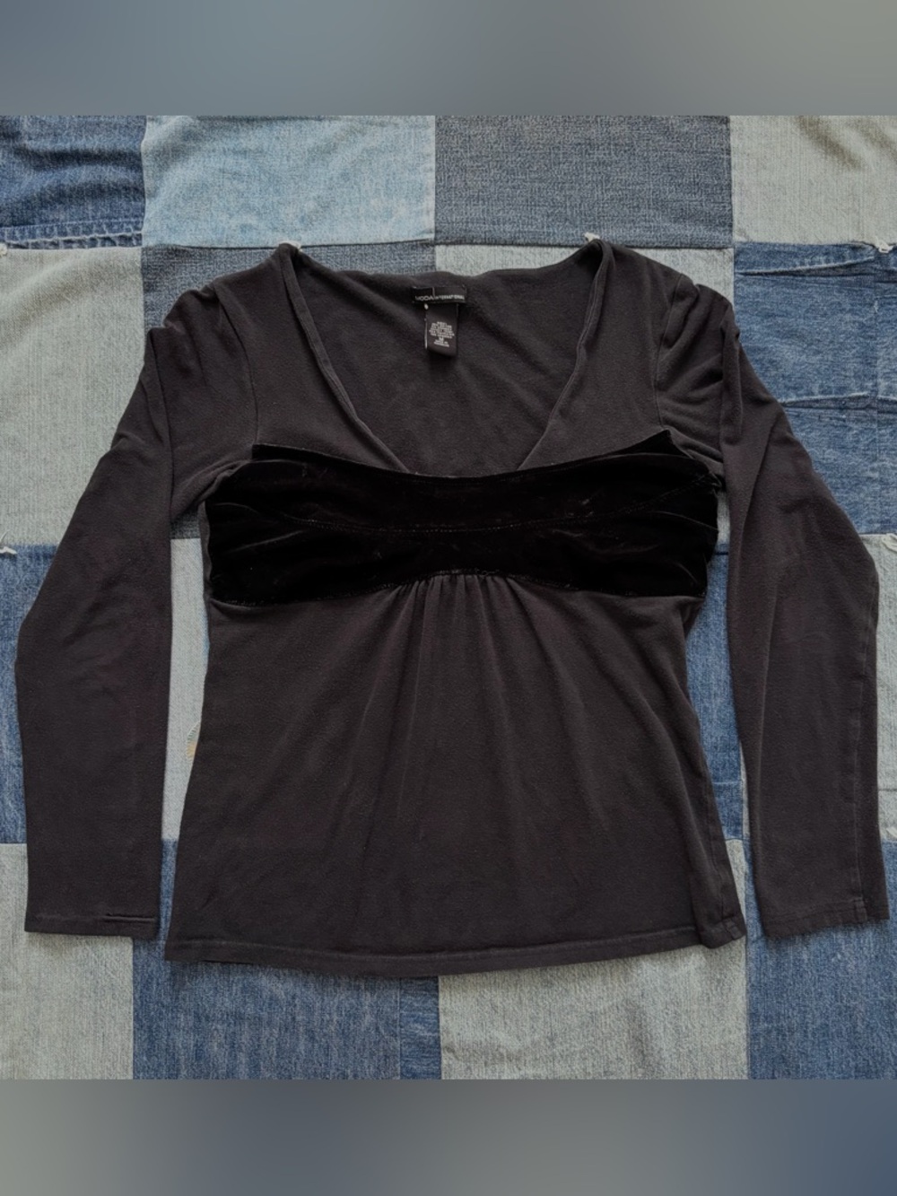 Moda International Black Long Sleeve V-Neck Top with Velvet Bust